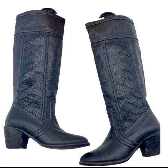 Fossil Boots Felicia Leather Riding boot Black Woven Detail Block Heel size 6.5 - Picture 3 of 17